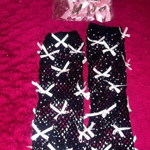 Black Fishnet gloves with pink Bows